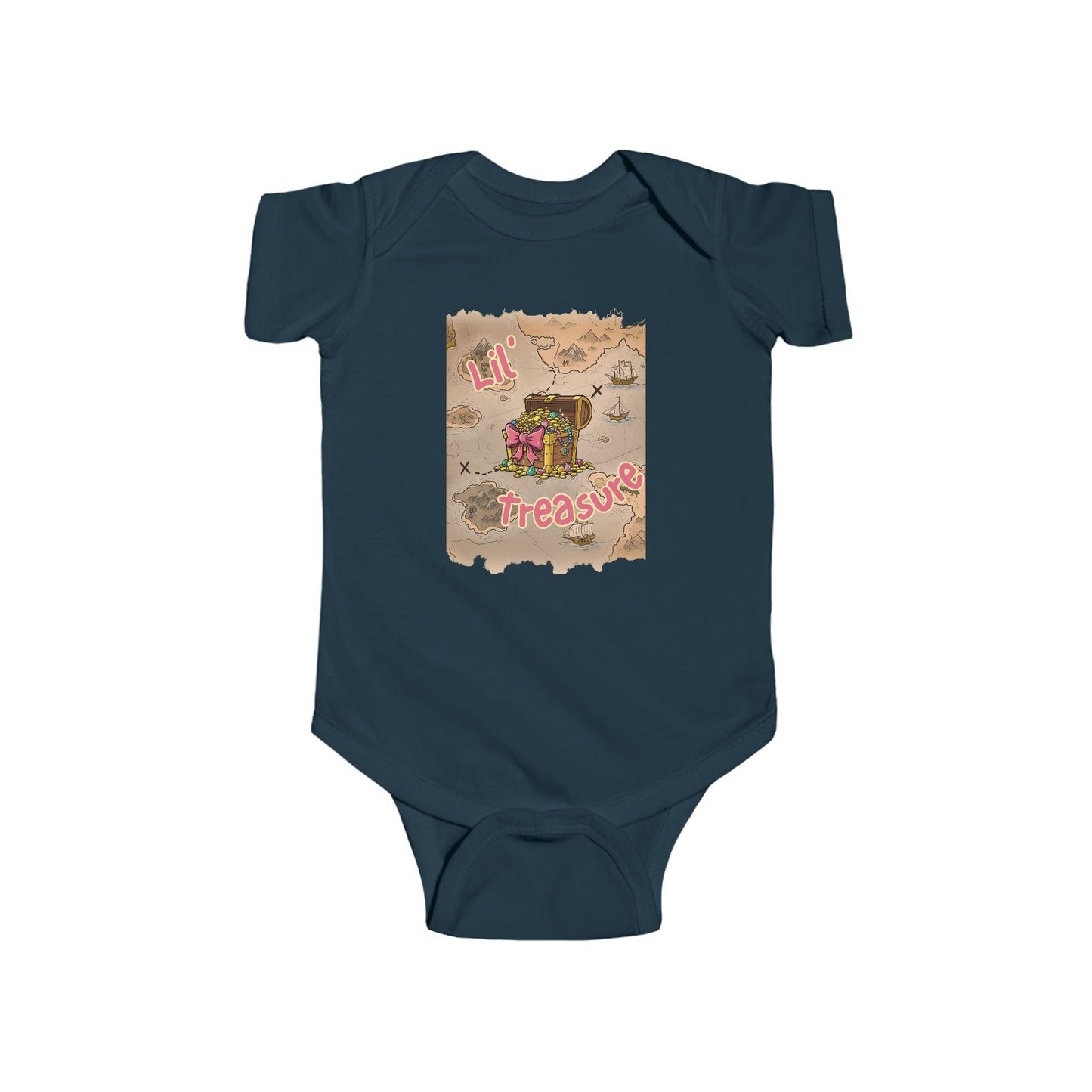 Navy blue baby onesie with a graphic of a treasure chest and 'Lil Treasure' text on a treasure map  background