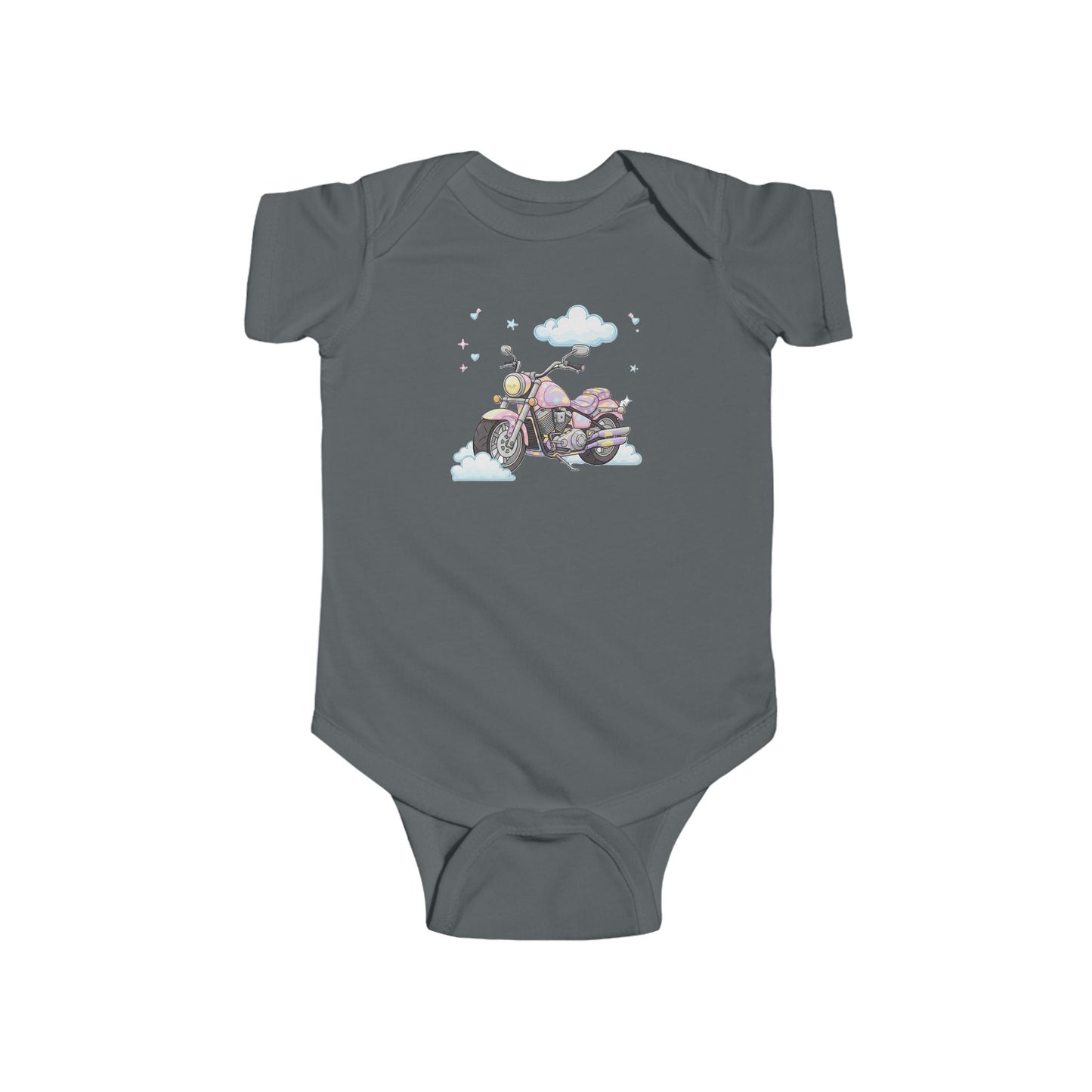 Gray baby onesie with a motorcycle and cloud design.