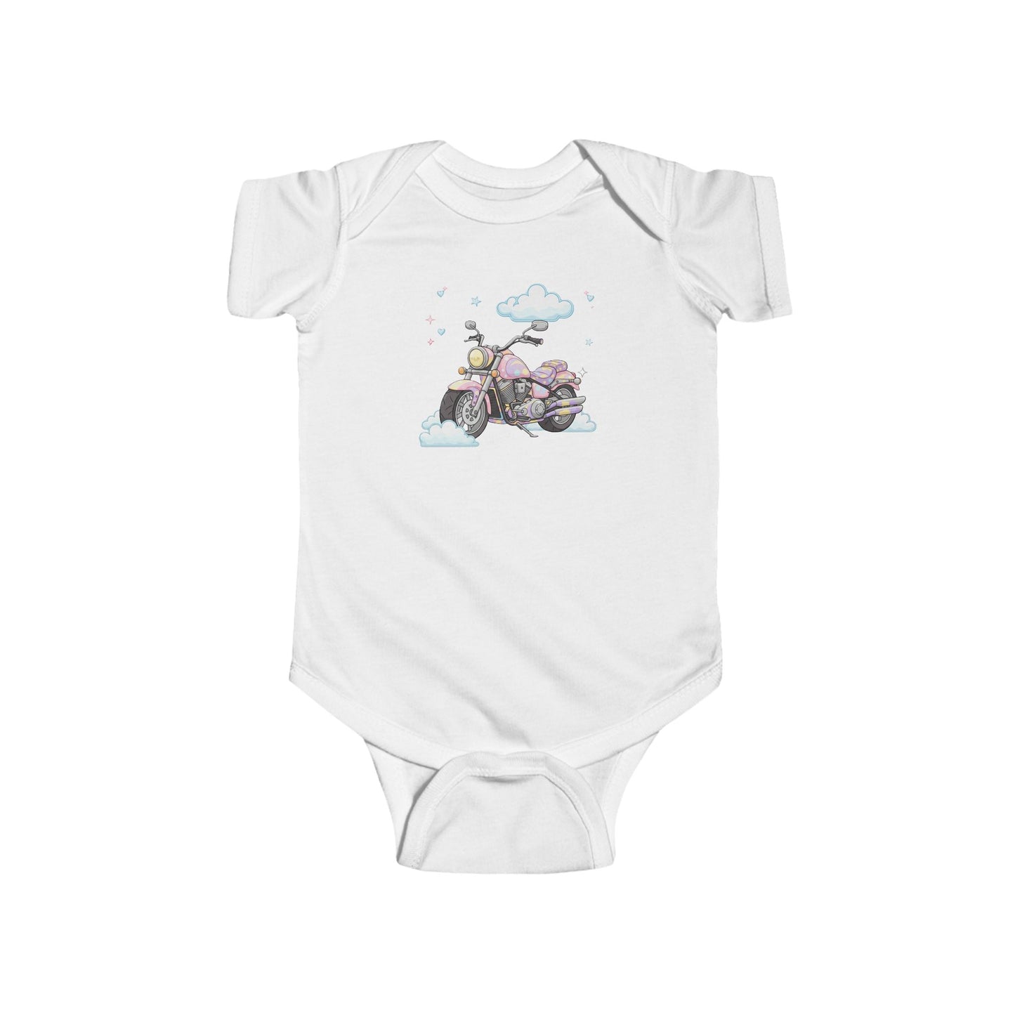 White baby onesie with a motorcycle and cloud design.