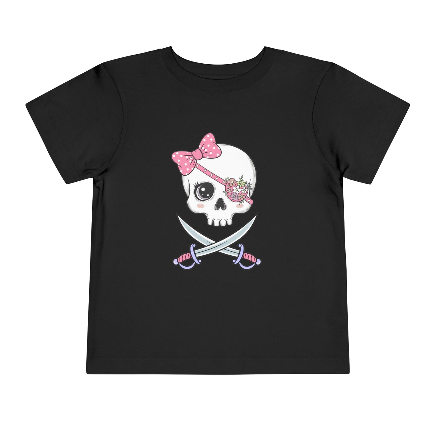Black t-shirt with skull and crossed swords design, featuring a pink bow and flowery eyepatch.