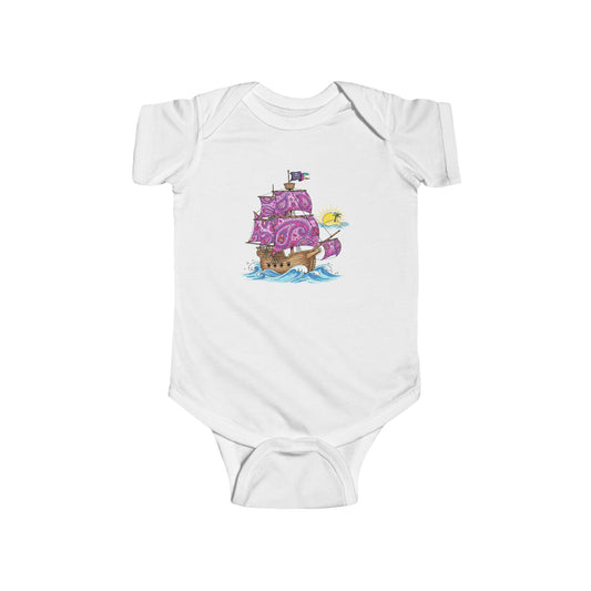 White baby onesie with a colorful pirate ship design 