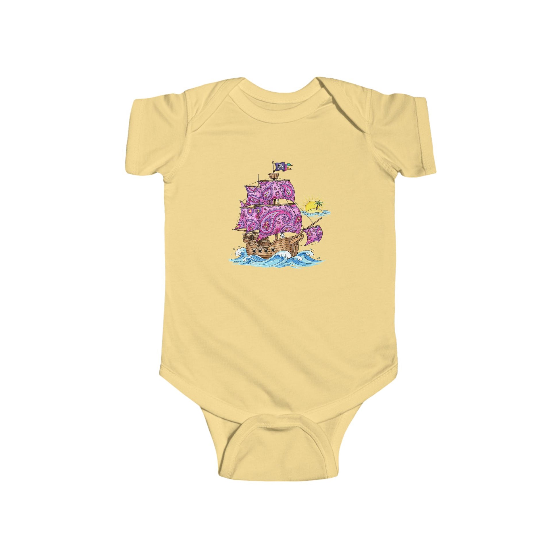 Yellow baby onesie with a colorful pirate ship design 