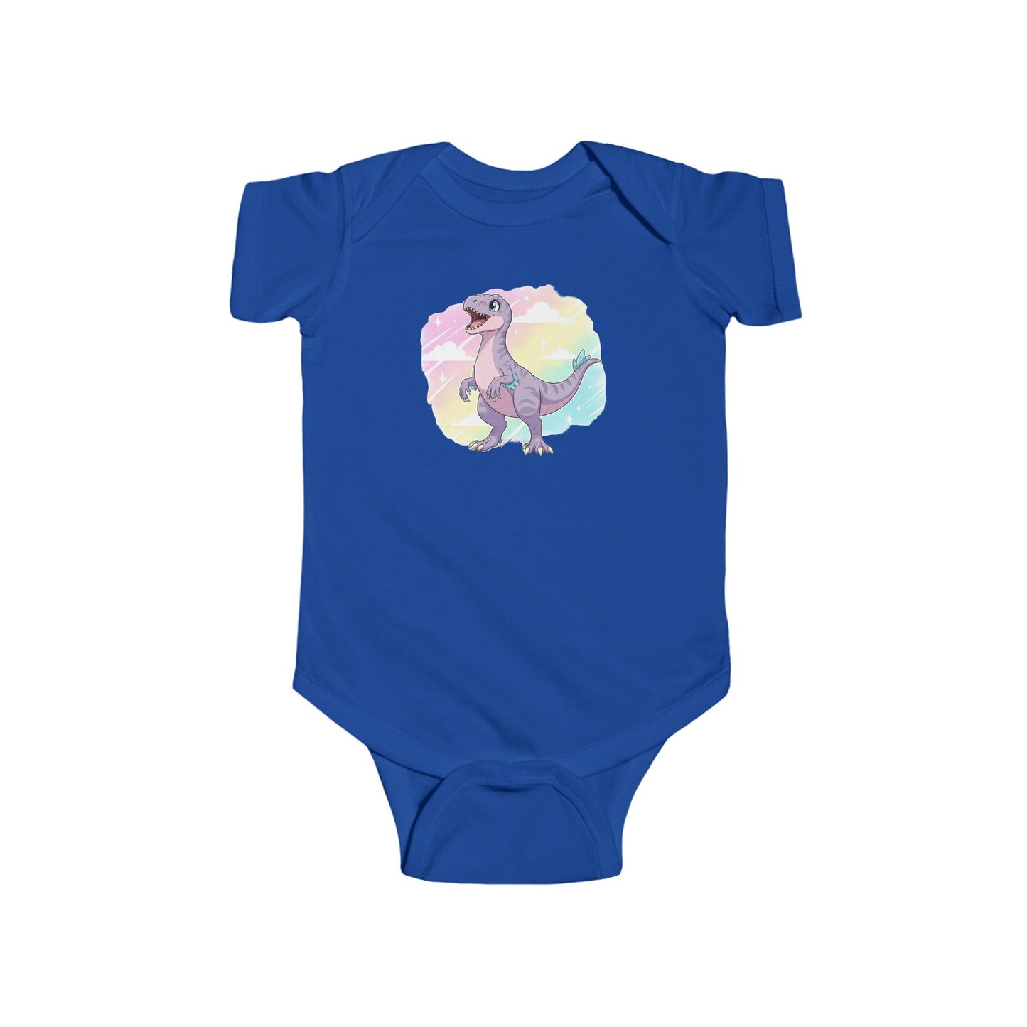 Blue baby onesie with a cartoon raptor on a rainbow background.