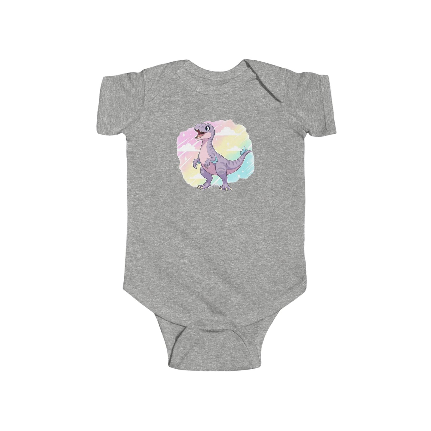 Gray baby onesie with a cartoon raptor on a rainbow background.