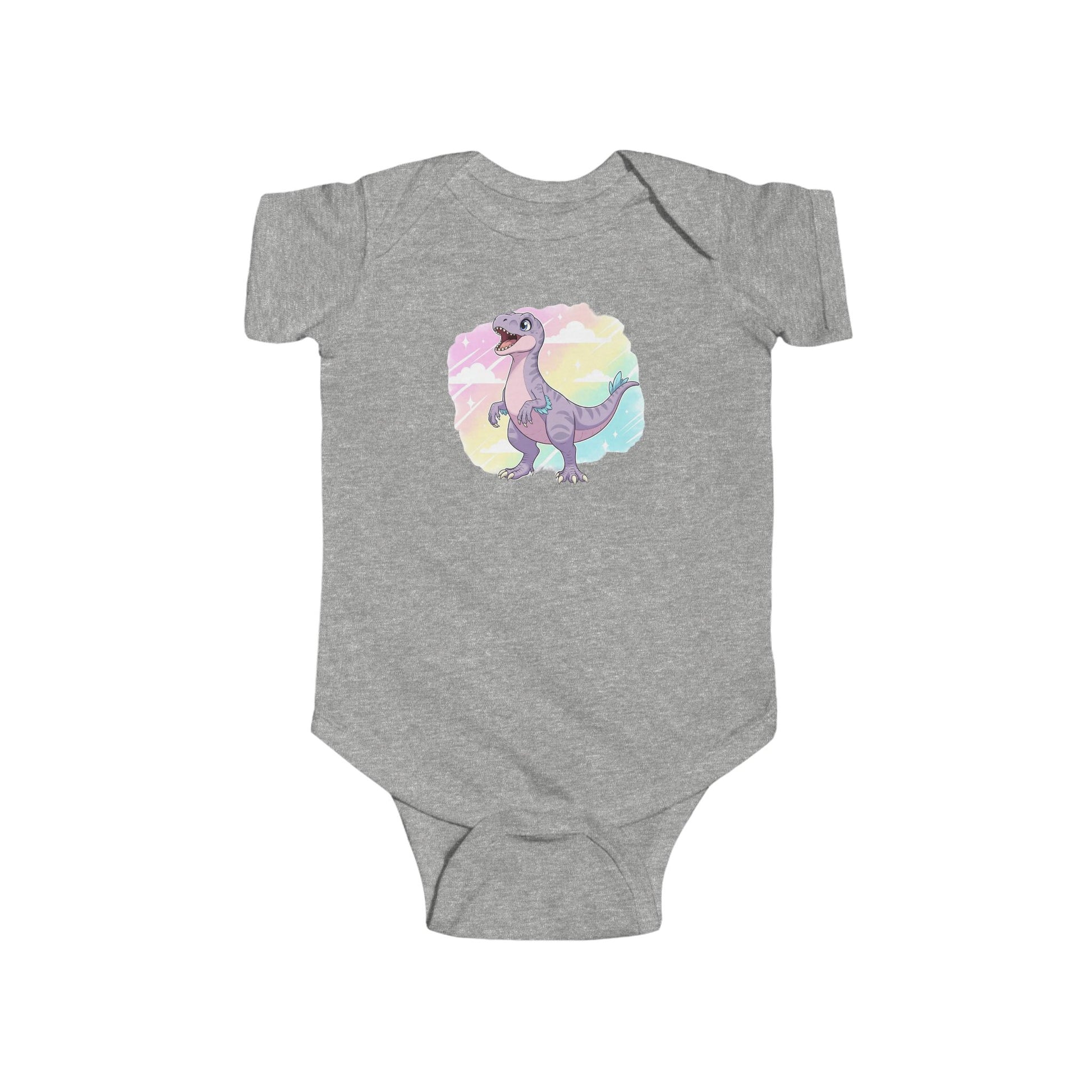Gray baby onesie with a cartoon raptor on a rainbow background.