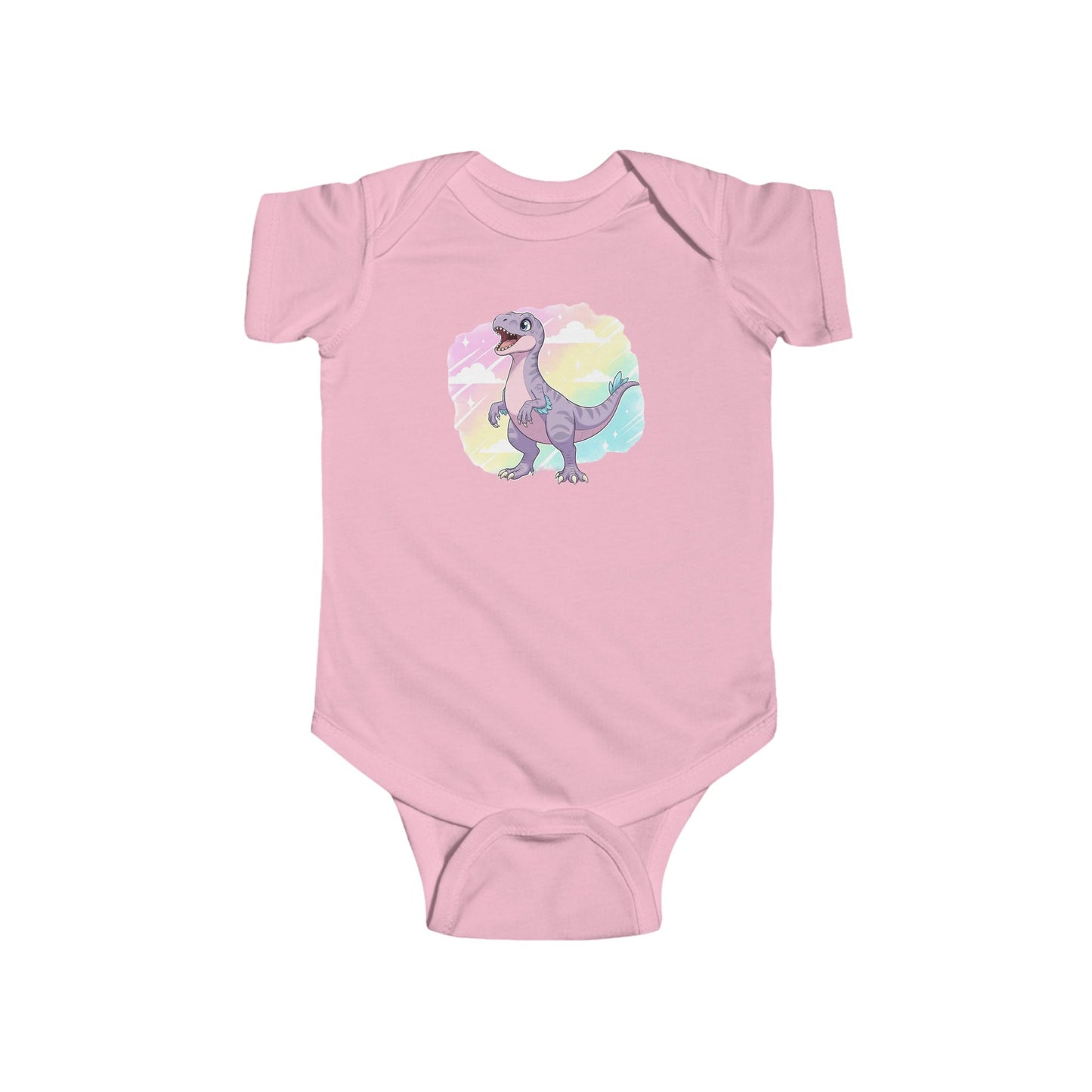 Pink baby onesie with a cartoon raptor on a rainbow background.