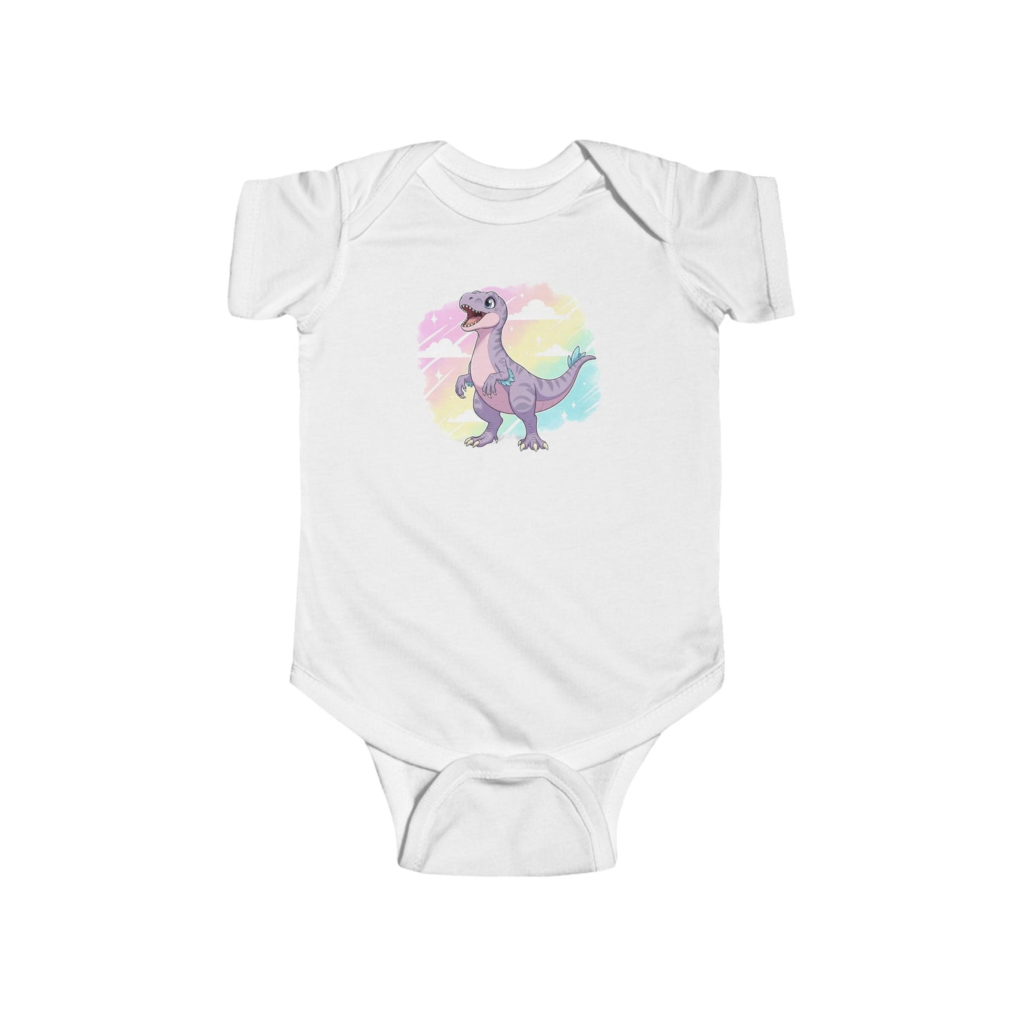 White baby onesie with a cartoon raptor on a rainbow background.