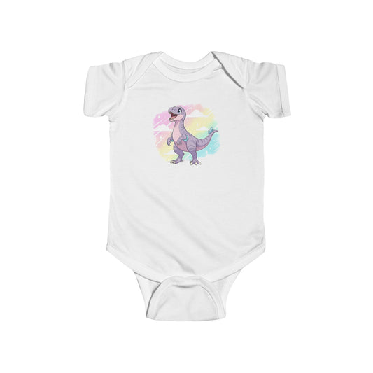 White baby onesie with a cartoon raptor on a rainbow background.