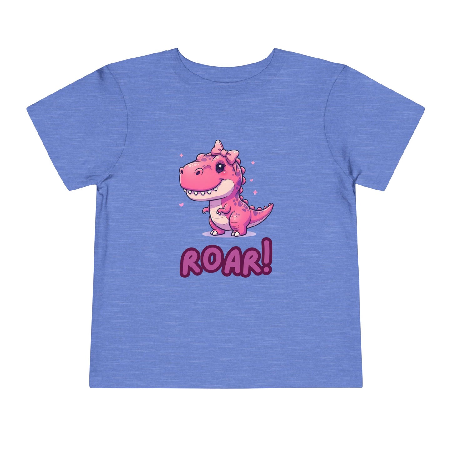 Blue t-shirt with a pink dinosaur and 'ROAR!' text.