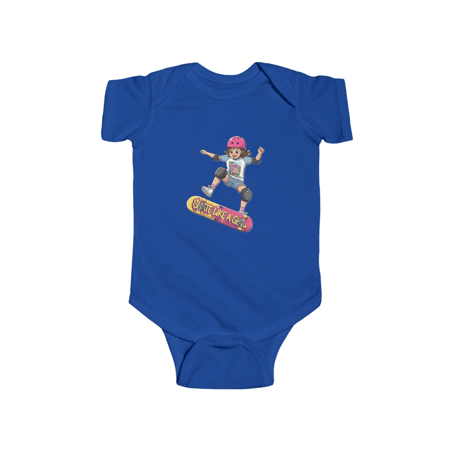 Blue baby onesie with a graphic of a child on a skateboard and 'Skate Like a Girl' text.