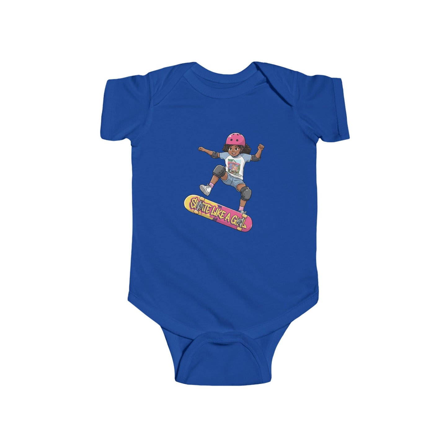 Blue baby onesie with a graphic of a child on a skateboard and 'Skate Like a Girl' text.