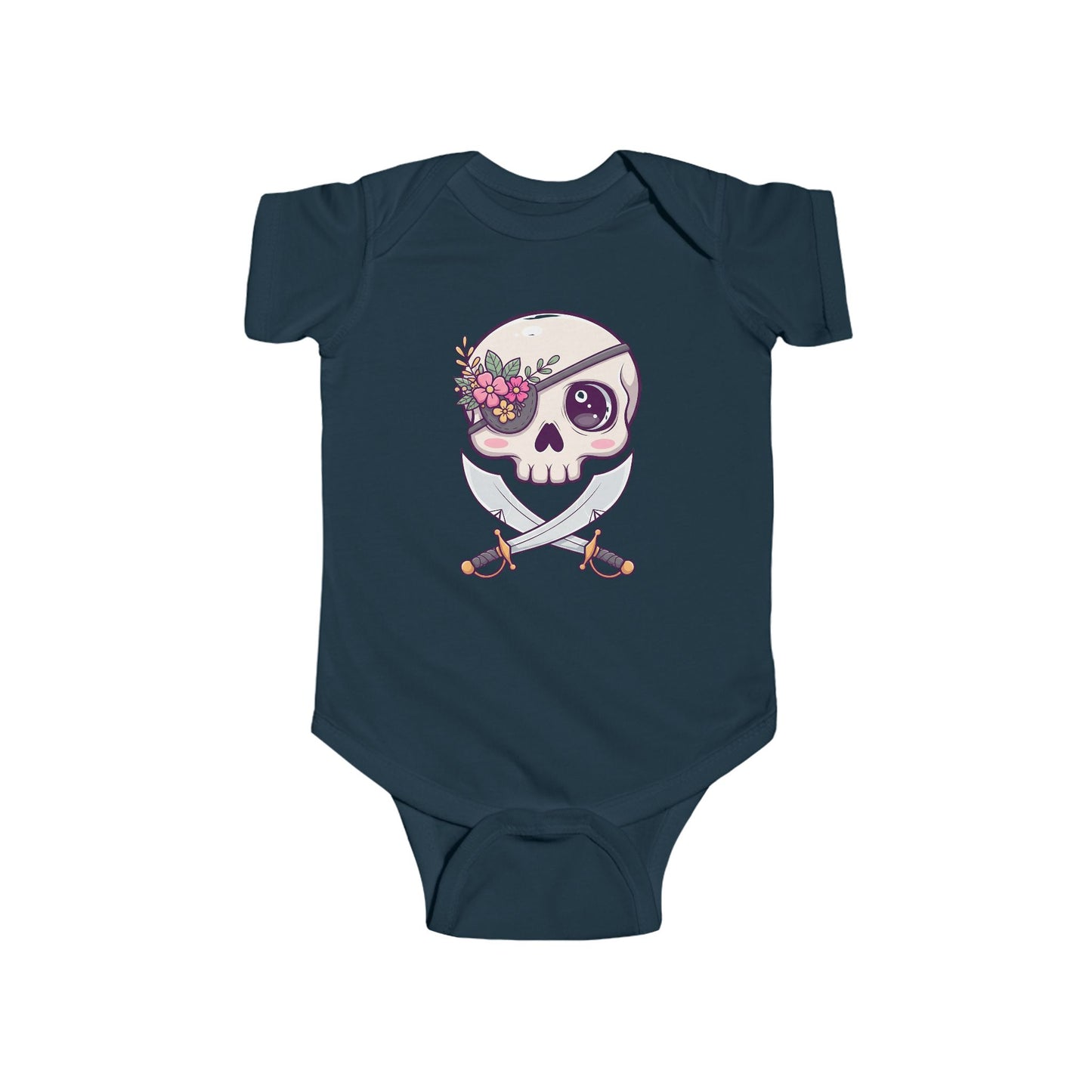 Navy blue onesie with a skull design featuring a flowery eye patch and crossed swords