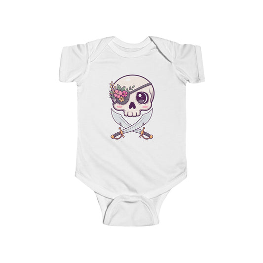 White baby onesie with a skull design featuring a flowery eye patch and crossed swords