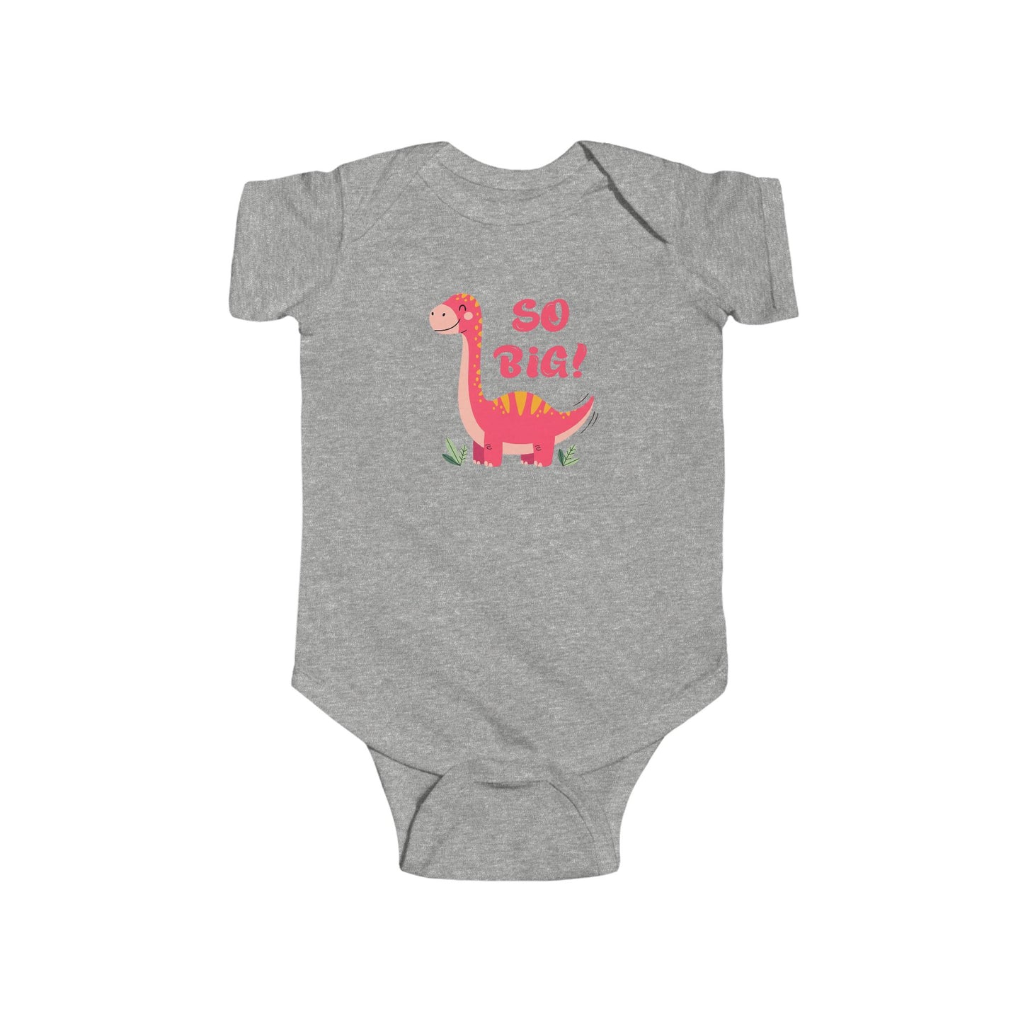 Gray baby onesie with a dinosaur graphic and 'So Big!' text.