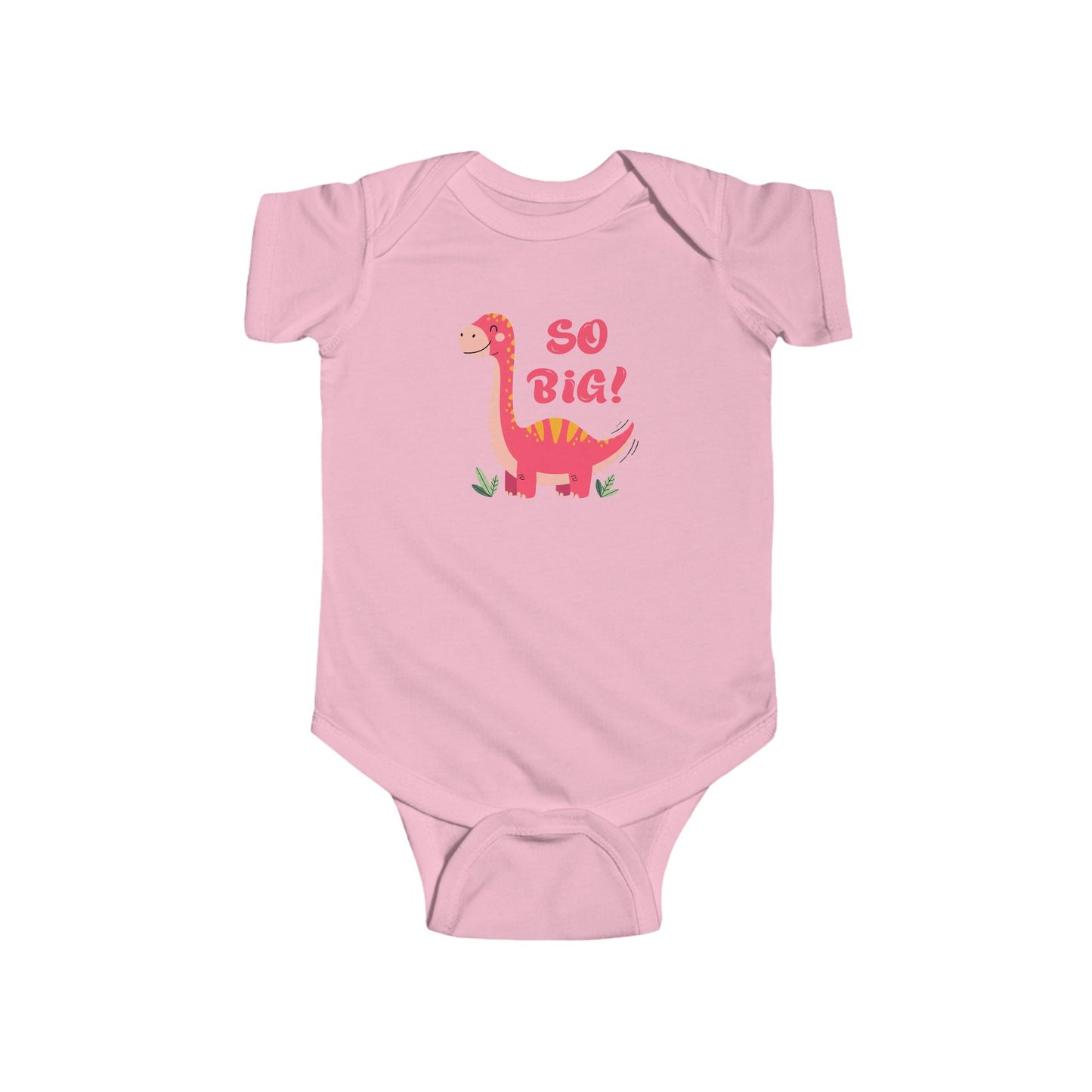Pink baby onesie with a dinosaur graphic and 'So Big!' text.