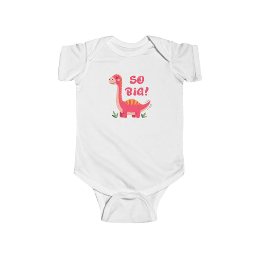 White baby onesie with a dinosaur graphic and 'So Big!' text.