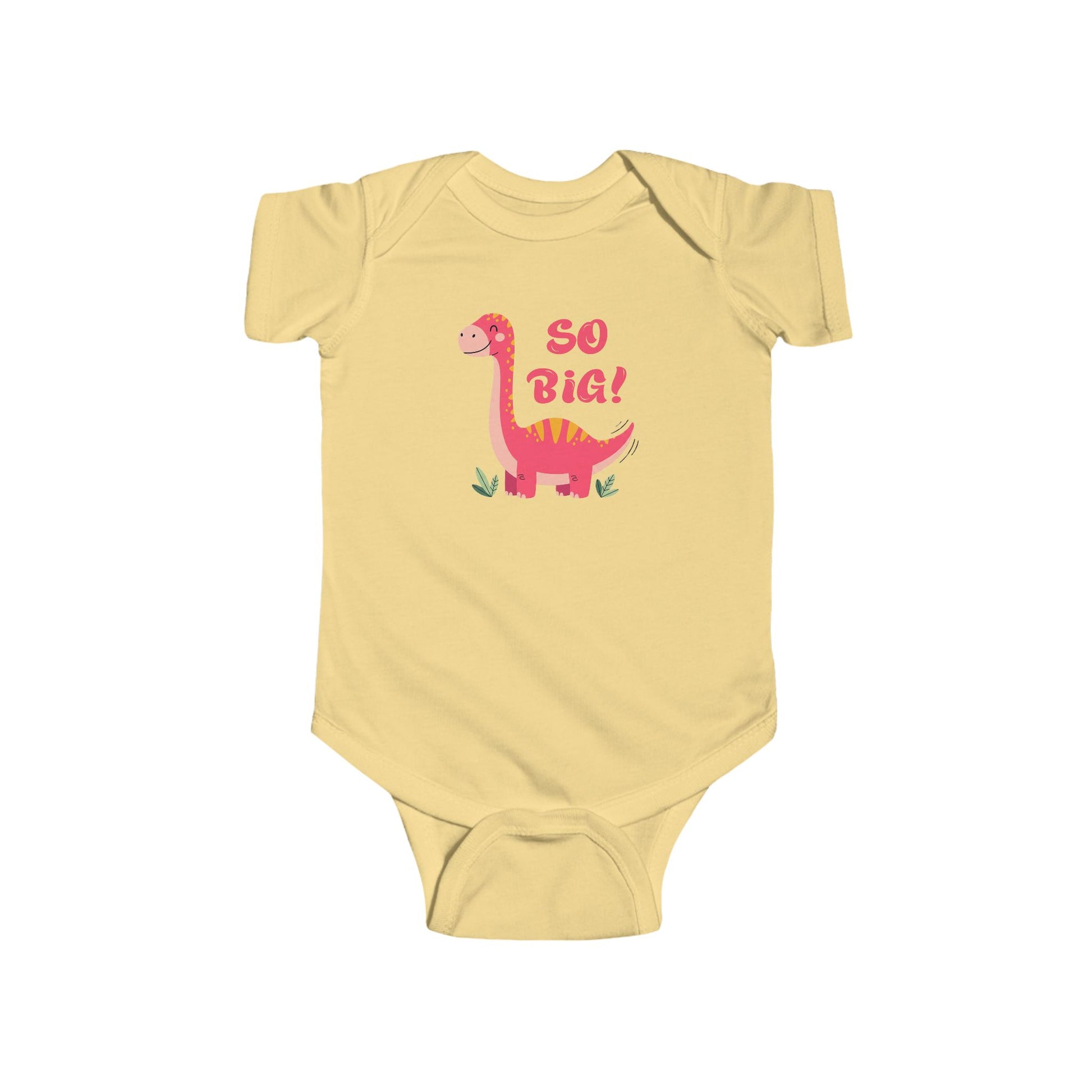 Yellow baby onesie with a dinosaur graphic and 'So Big!' text.
