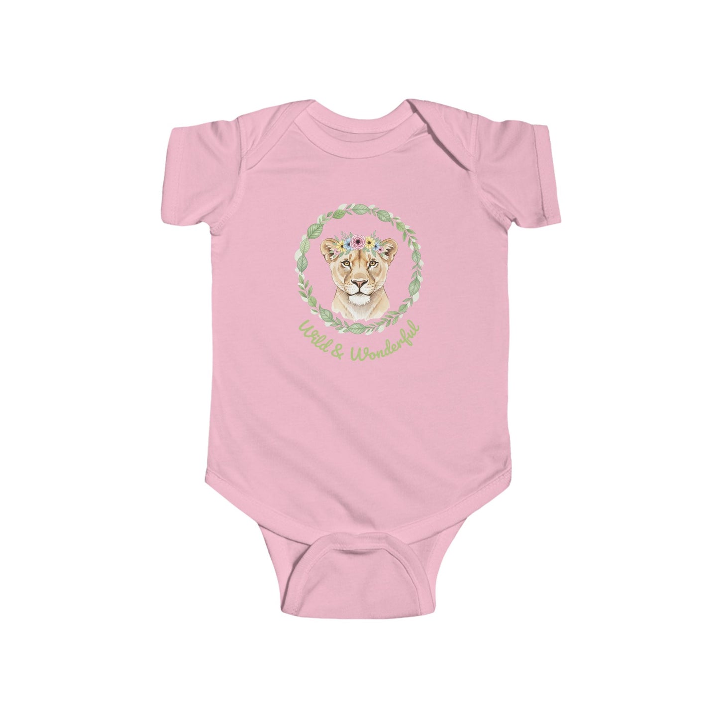 Pink baby onesie with a lioness graphic and 'Wild & Wonderful' text.