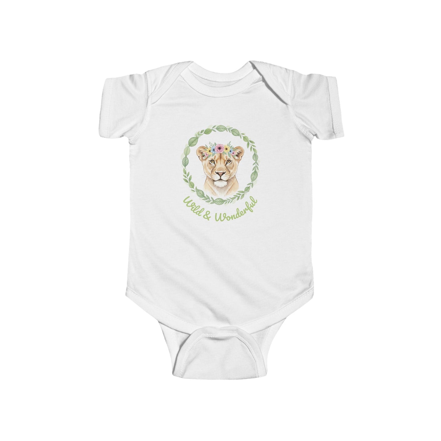 White baby onesie with a lion design and 'Wild & Wonderful' text 