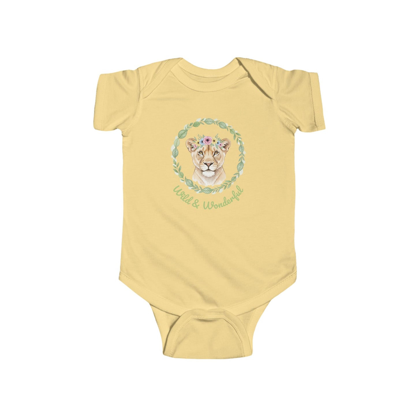 Yellow baby onesie with a lion design and 'Wild & Wonderful' text.