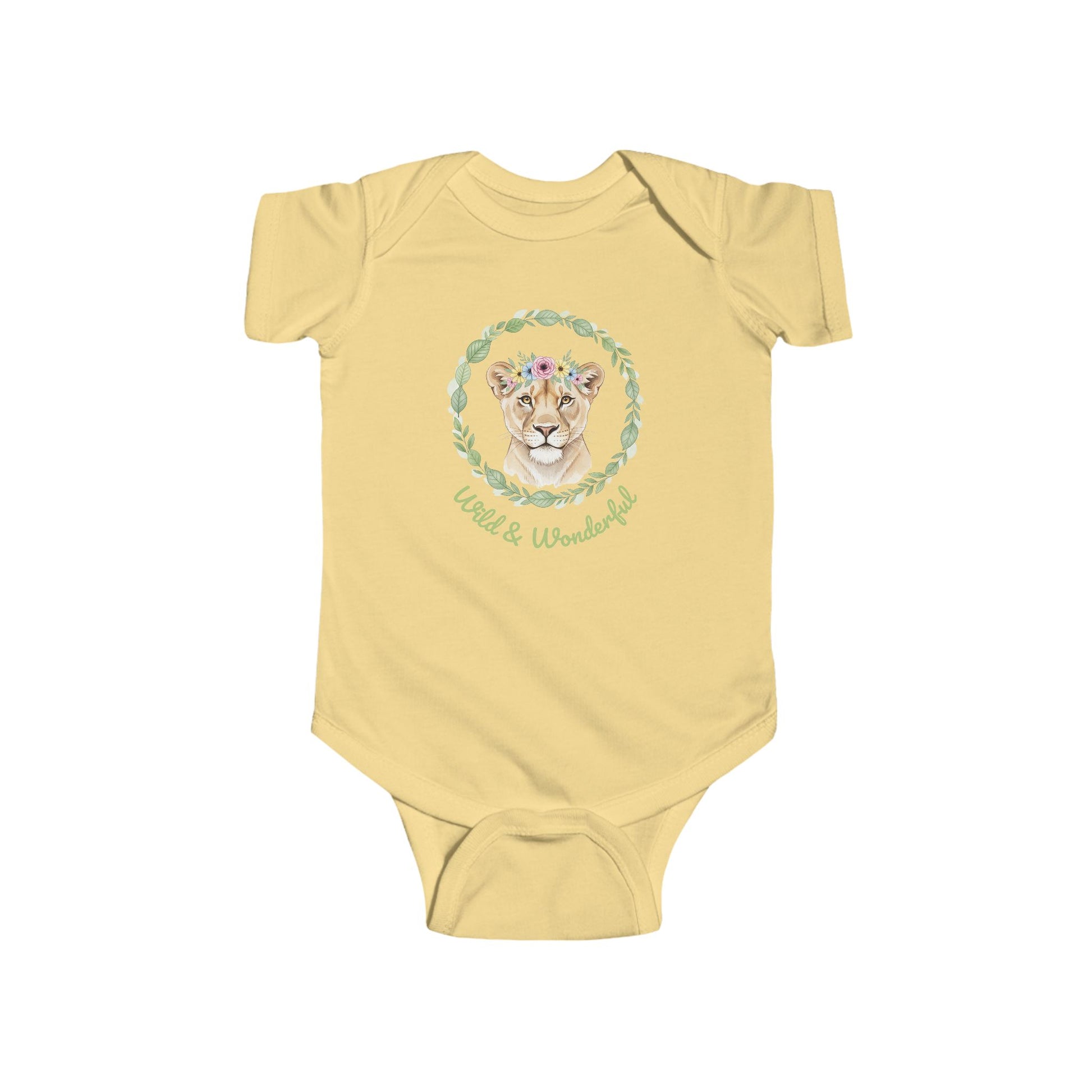 Yellow baby onesie with a lion design and 'Wild & Wonderful' text.